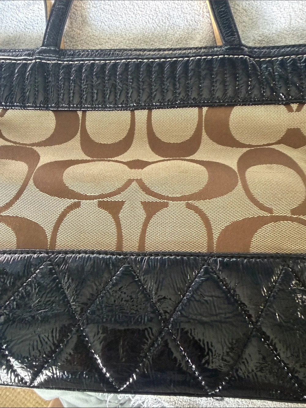 Coach Brown Signature Canvas Tote with Black Patent Trim